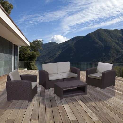 TRENTO - Set da giardino in resina 1 divano + 2 poltrone + tavolo marrone