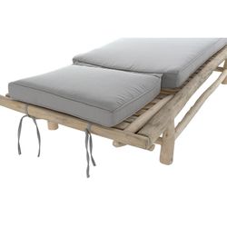 Teak wood and fabric sun lounger in natural and gray, 86 x 209 x 36 cm | Brewi