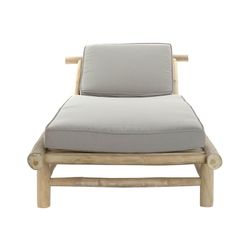 Teak wood and fabric sun lounger in natural and gray, 86 x 209 x 36 cm | Brewi