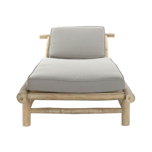 Teak wood and fabric sun lounger in natural and gray, 86 x 209 x 36 cm | Brewi