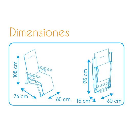 Relax lounger with headrest with 5 positions, 3 cm padding and steel structure, 76x60x108 cm