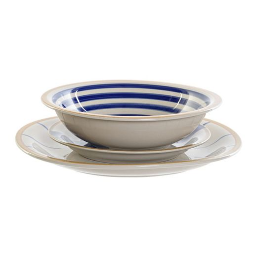 Vaisselle en grès 18 pièces multicolore | rayures bleues