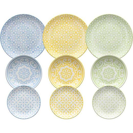 Service de table en porcelaine 18 pièces en bleu, jaune et vert | Lipari