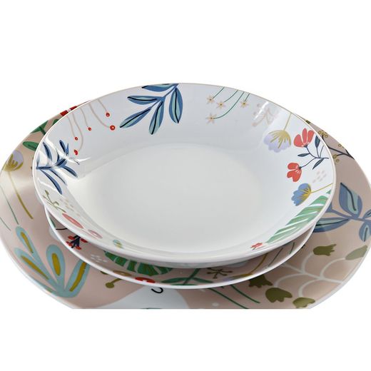 18-piece porcelain tableware in beige and multicolor | Flowers II