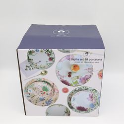 18-piece porcelain tableware in beige and multicolor | Flowers II