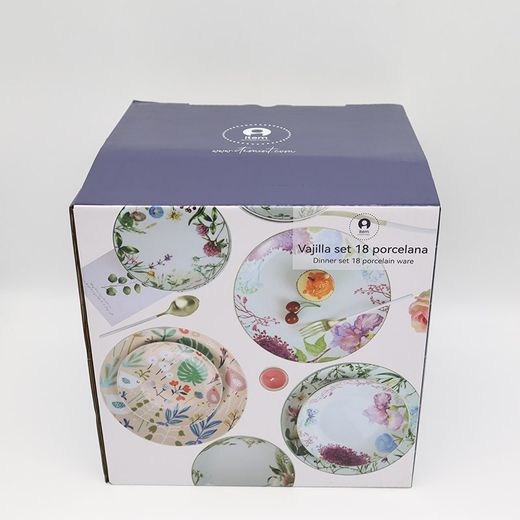 18-piece porcelain tableware in beige and multicolor | Flowers II