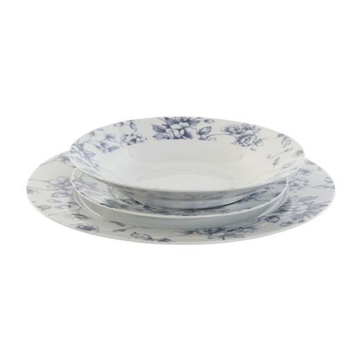 Service de table en porcelaine blanche et bleue 18 pièces | bleu fleuri