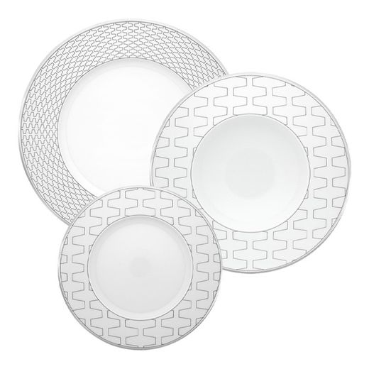 Conjunto de louças de porcelana branca e platina com 18 peças | Trasso