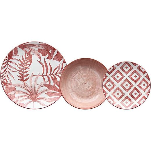Service de table en porcelaine 18 pièces (corail et blanc) | Kenthia