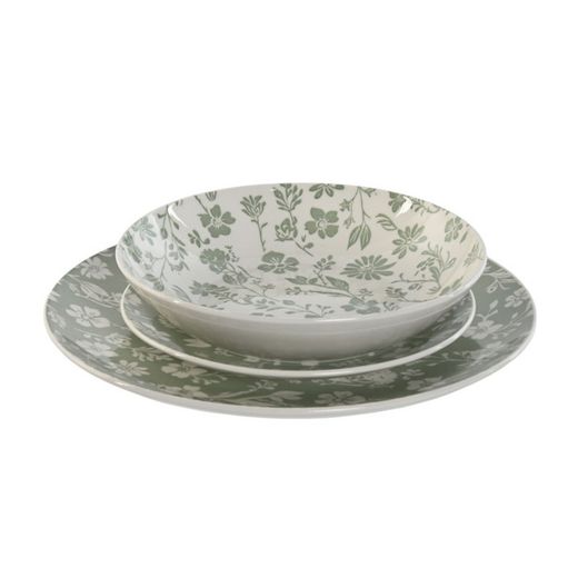 Service de table en porcelaine verte et blanche 18 pièces | Floral vert