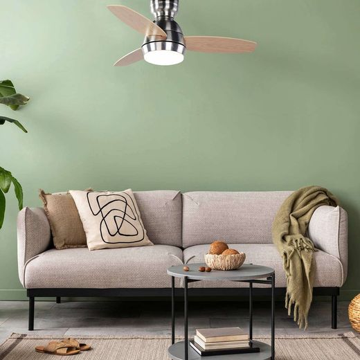 Ventilateur de plafond en bois et fer naturel clair et argent, Ø 92 x 34 cm | Mistral CC