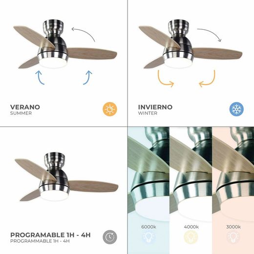 Ventilateur de plafond en bois et fer naturel clair et argent, Ø 92 x 34 cm | Mistral CC