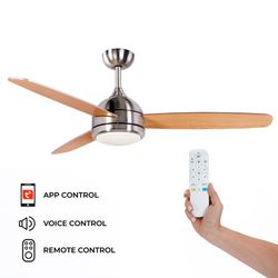 Wood and iron ceiling fan in natural and silver, Ø 132 x 40 cm | Sirocco DC