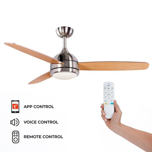 Ventilateur de plafond bois et fer naturel et argent, Ø 132 x 40 cm | Sirocco DC