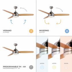 Ventilateur de plafond bois et fer naturel et argent, Ø 132 x 40 cm | Sirocco DC