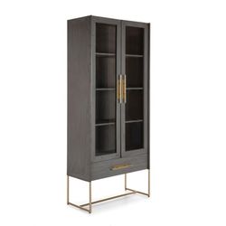 Vitrinskåp i grå/guld cederträ och glas, 85 x 40 x 195 cm