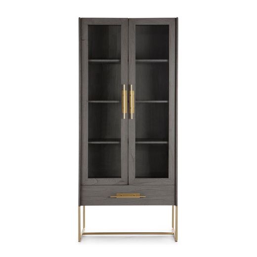 Vitrinskåp i grå/guld cederträ och glas, 85 x 40 x 195 cm
