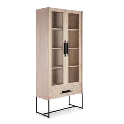 Vitrina em vidro natural/preto e cedro, 85 x 40 x 195 cm