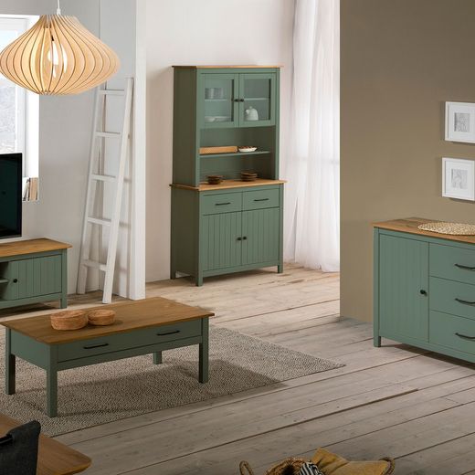 Conjunto de salón compuesto por aparador de 190 cm y vitrina en color verde | Miranda