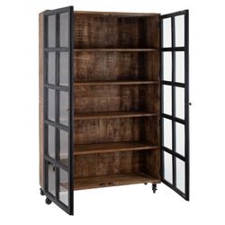 Wooden and glass display case in black and dark natural, 120 x 40 x 194 cm