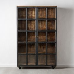 Vitrin av trä och glas i svart och mörk natur, 120 x 40 x 194 cm