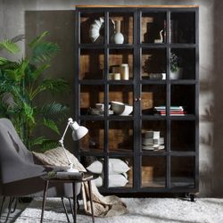 Wooden and glass display case in black and dark natural, 120 x 40 x 194 cm
