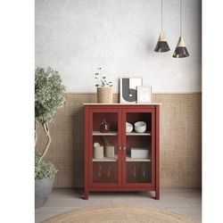 Pine and garnet glass display cabinet, 90 x 40 x 110 cm | misty
