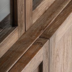 Nysted display case made of recycled teak wood in natural, 110 x 50 x 220 cm