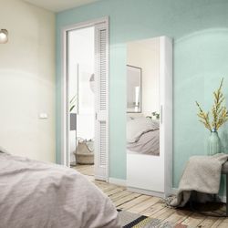 Étagère à chaussures 1 porte avec miroir, 6 hauteurs et 12 nervures, blanc, 50 x 22 x 180 cm