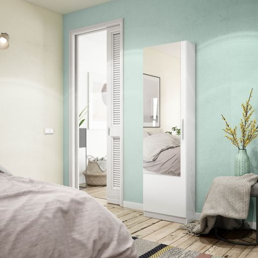 Étagère à chaussures 1 porte avec miroir, 6 hauteurs et 12 nervures, blanc, 50 x 22 x 180 cm