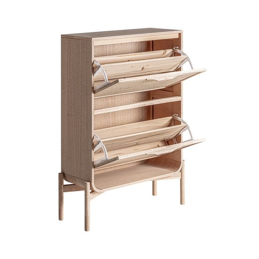 Shoe rack made of ash wood and rattan in natural, 76 x 29 x 107 cm | Weurtz