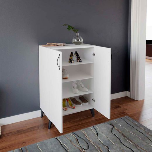 Zapatero multiuso de madera en blanco, 60 x 33 x 87 cm | Rodas
